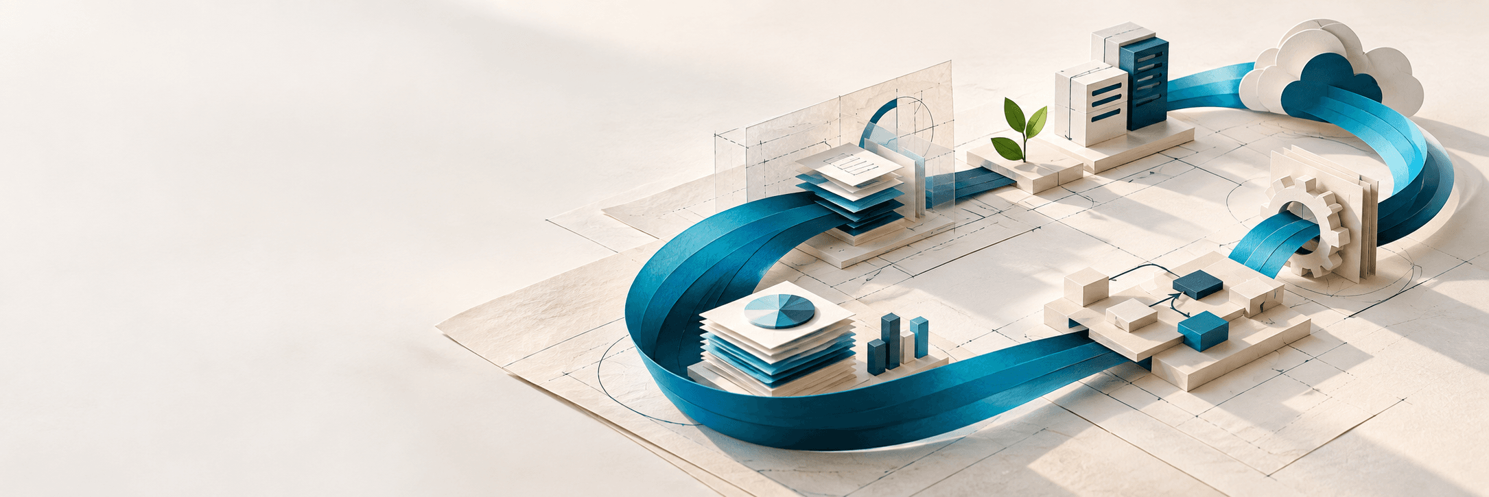 Csharptek connected engineering artwork: Azure, AI and .NET systems linked by a teal path